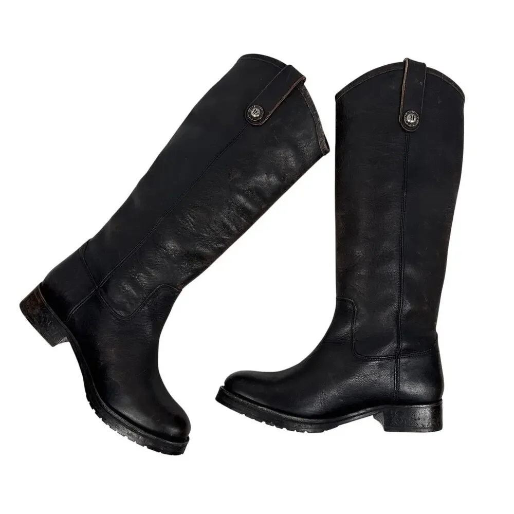 Frye Melissa Double Sole Button Lug Tall Boot Womens 6.5 M Black Antique Leather